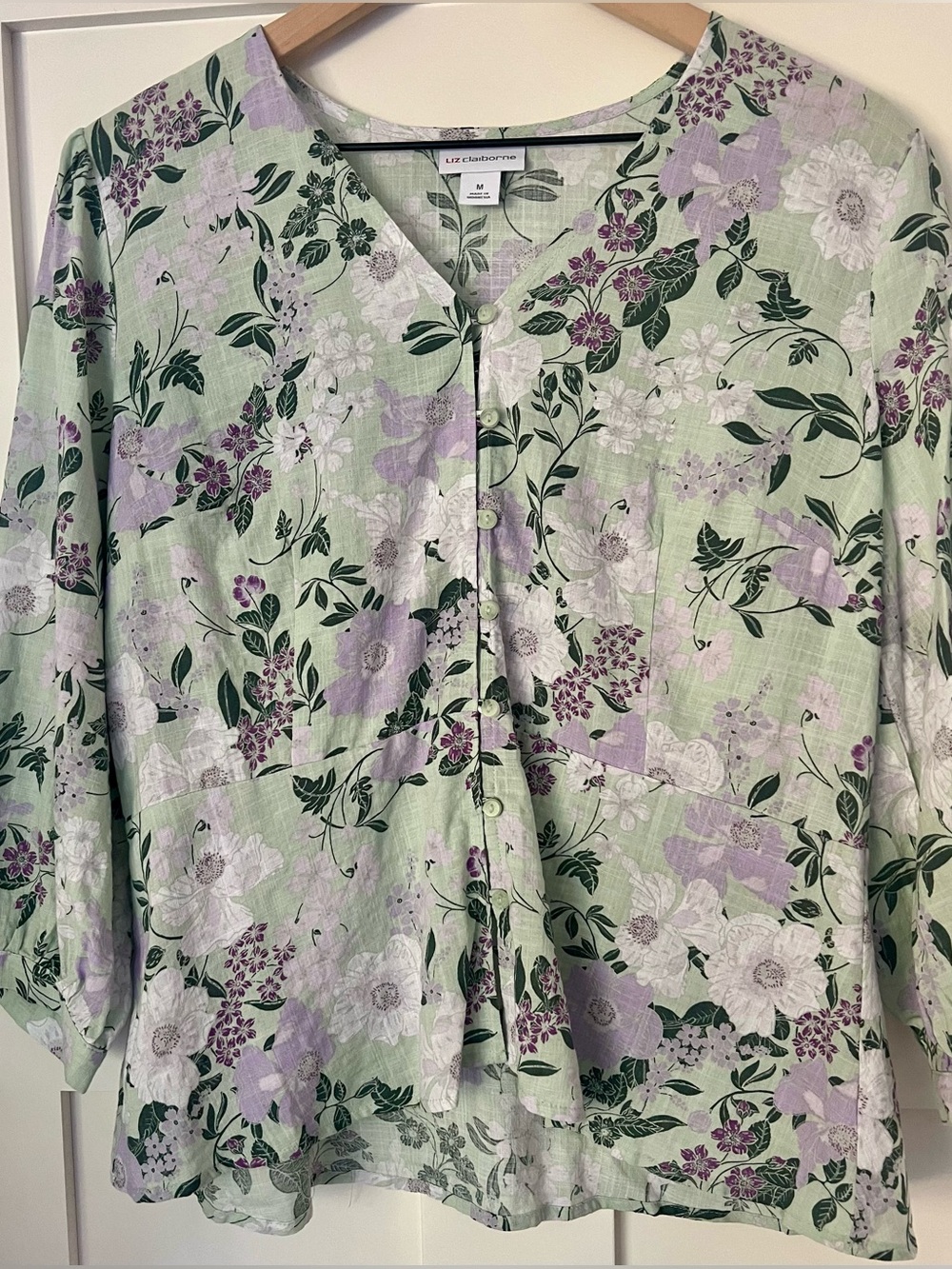 LIZ CLAIBORNE | Cottagecore Sage Green Lavender Garden Floral Blouse M